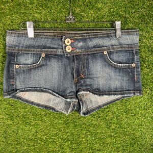 Street Denim Womens Low Rise Y2K Jean Shorts Dark Wash Raw Hem Size 7 5P391DM60